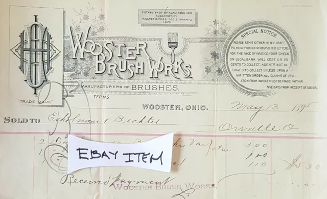 1895 Wooster, Ohio WOOSTER BRUSH WORKS BILLHEAD Foss Schwartz