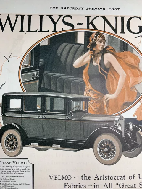 1926 Willys Knight  Auto Car Ad Color  Pretty Flapper Girl Art Deci