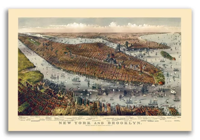 1875 New York City, New York Vintage Old Panoramic NY City Map - 20x30