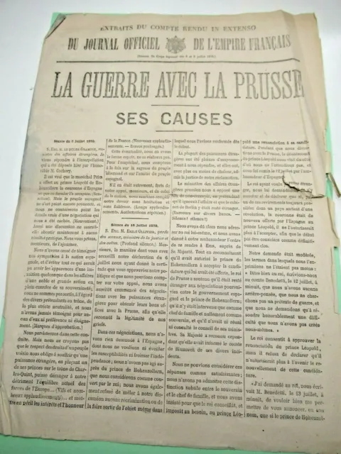 RARE N° EXTRAIT "JOURNAL OFFICIEL EMPIRE" Sur CAUSES GUERRE 1870 PRUSSE IN-FOLIO