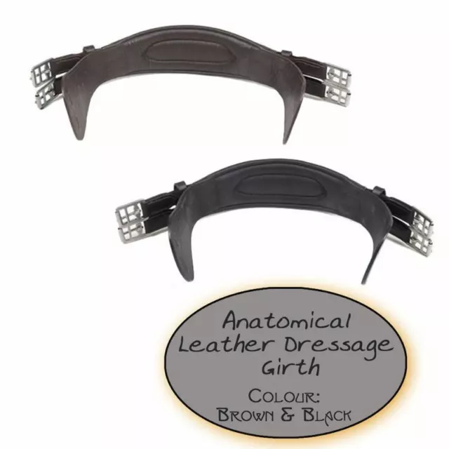 16'' - 28'' Short Dressage Brown Black Leather Girth With Roller Padded Buckles