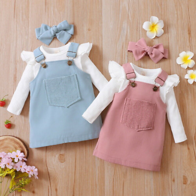 Infant Baby Girls A maniche lunghe Con bretelle Mini Dress Outfit Set Kids Clothes