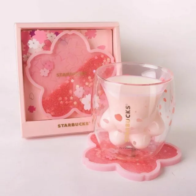 2022 Hot Starbucks Pink Sakura Cat's Paw Double Wall Glass Mug 6oz+ Rod +Coaster