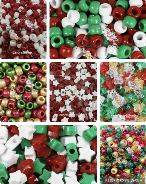 100 9x6mm CHRISTMAS MIX  PONY BEADS  COLOURS STAR Barrel Dummy Clips Crafts