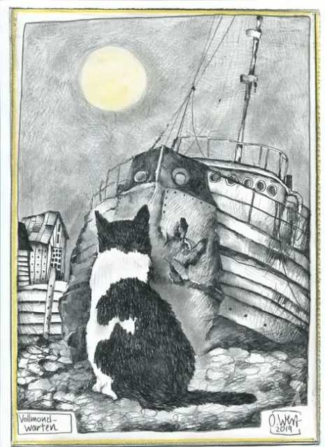 Kunstdruck - "VOLLMONDwarten" - (Katze am Hafen) - von OLE WEST - (2065)