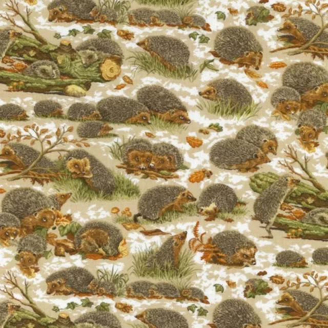100% Cotton Fabric Nutex Hedgehog Garden Wildlife Woodland Animal Leaves