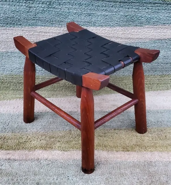 Vintage Oak Footstool with Recycled Hand Woven Rubber Tire Inner Tube Seat
