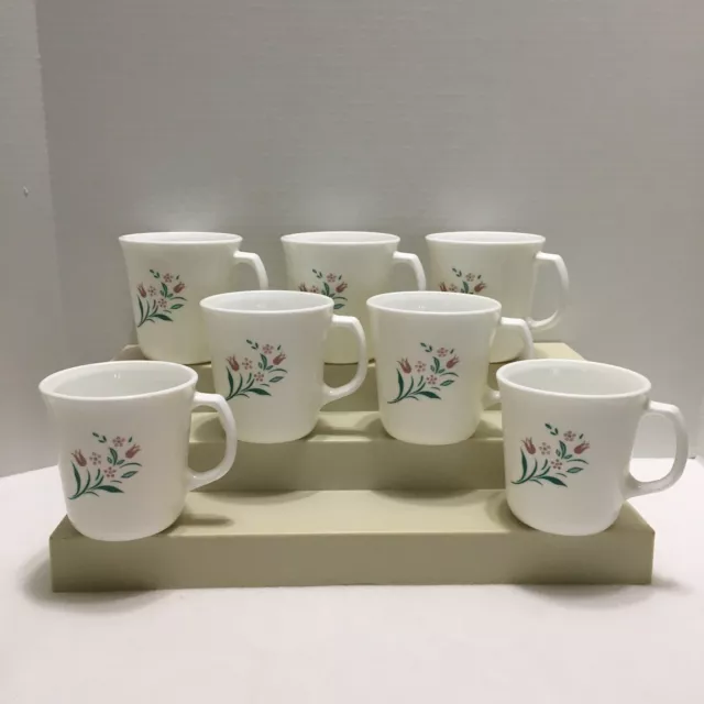 Vintage Corelle Corning Ware Rosemarie Pink Tulip Coffee Cups Mugs SET OF 7 USA