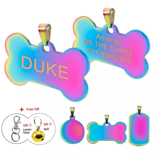 Pet ID Tag Engraved Personalised Dog Cat Name Tags Rainbow Bone/Military/Round