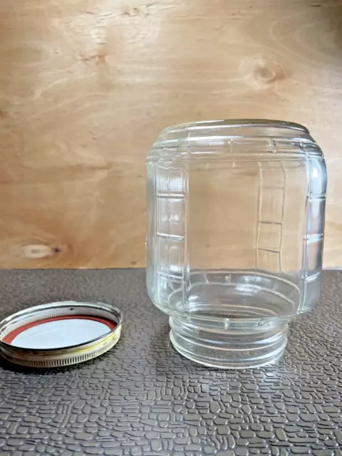 Vintage  Hoosier Cabinet Style Glass Round Canister, Ribbed Corners Jar w Lid 7