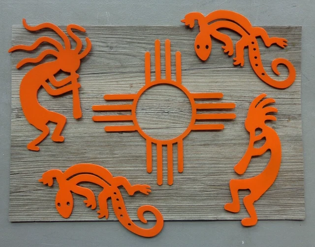 Set 5 Zia Kokopelli Pair & Lizard Pair Plasma Cut Metal Wall Art Orange Finish