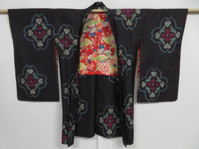 0910i04z480 Vintage Japanese Kimono Silk MEISEN HAORI Black-Purple Flower