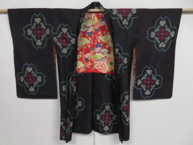 0910i04z480 Vintage Japanese Kimono Silk MEISEN HAORI Black-Purple Flower