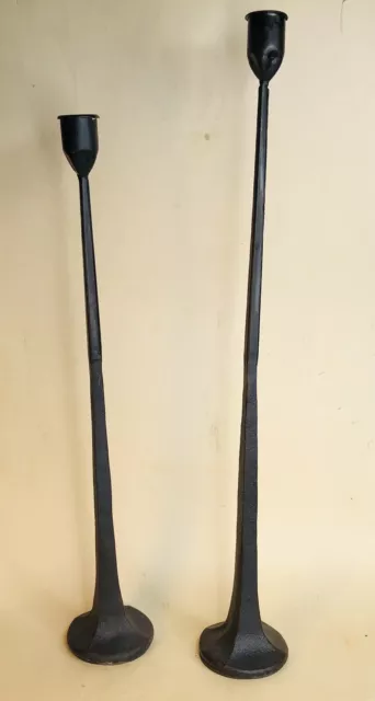 Pair Of Hand Forged Wrought Iron Candlesticks Tall Primitive