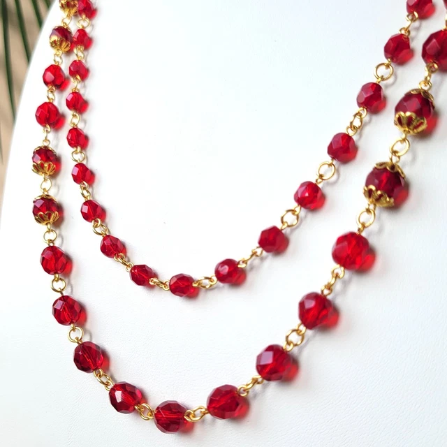 Vintage Glass Necklace Red Garnet Czech Beads Gold Tone WOMEN'S JEWELRY Art Deco