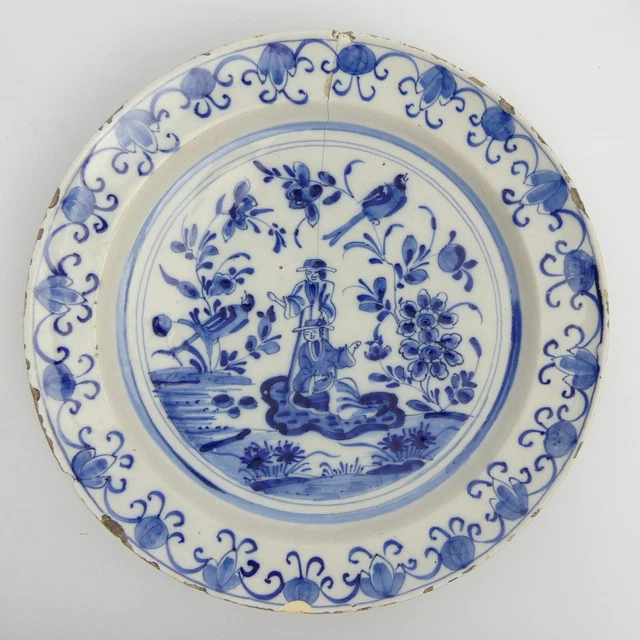 Antique English Blue & White Delft Pottery Wall Plate - 18Th Century