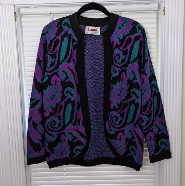 VTG 80s Women's M/L Open Front Cardigan Sweater Laura by Alyzia Shoulder Pads