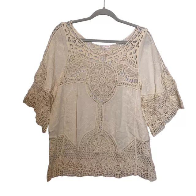 Hot & Delicious Top Womens S/M Lace Off White See Through Open Work SS