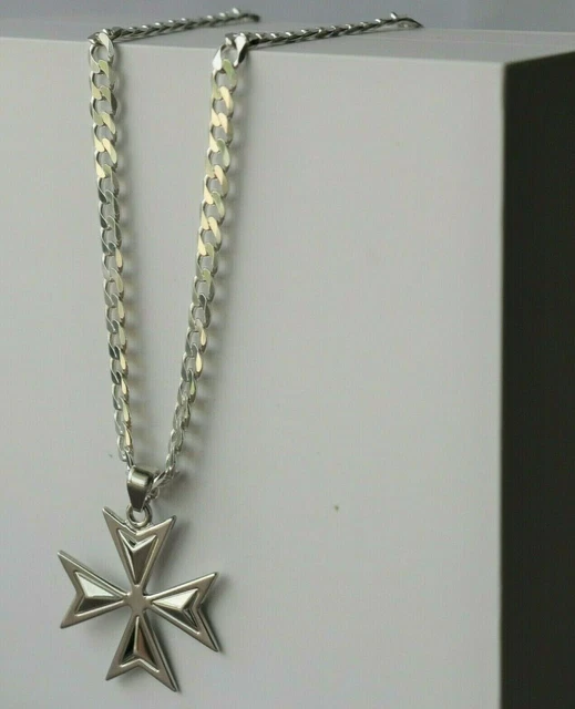 Ciondolo croce maltese in argento sterling 925 con catena barbazzale per...