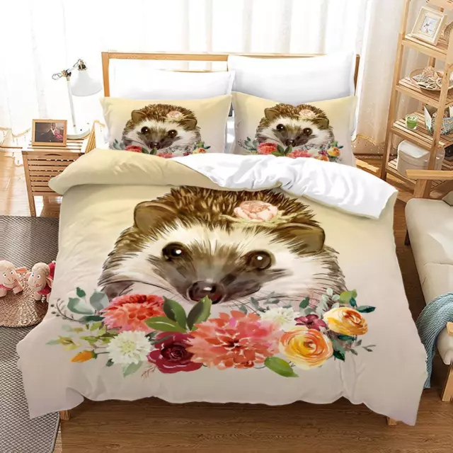 Cartoon Hedgehogs Quilt Duvet Cover 2/3Pcs Gift Bedding Set Single Double Size