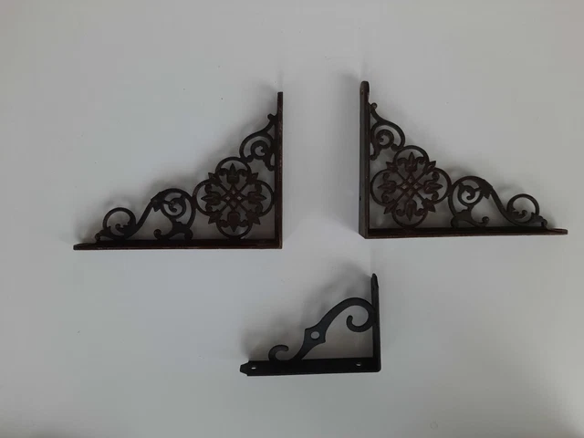 Lot of 3 Black ANTIQUE-STYLE CAST IRON SHELF BRACKETS braces garden FANCY ORNATE