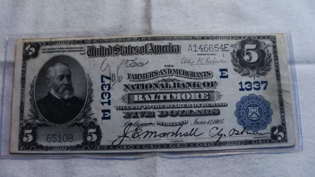 1902 $5 PB Farmers & Merchants Nat Bank Of Baltimore CH#1337 VF