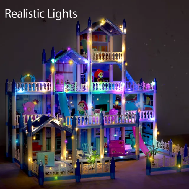 Doll House Colorful Light and 14 Rooms Huge Dollhouse with 2 Dolls Gift for Girl