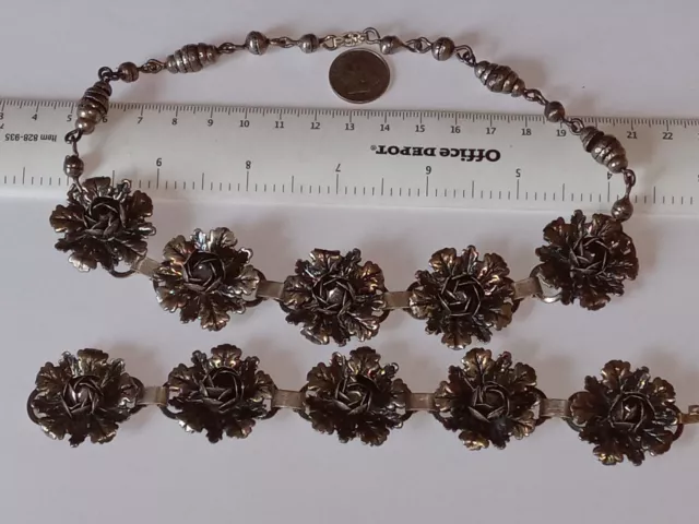Coro Pegasus Sterling Flower Panel Link Necklace 1 1/8 X 15"& Bracelet 7" 54.8 G