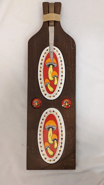 Vtg Mid Century Solid Wood Cheese Board w Ceramic Mushrooms Knife MCM mushroom