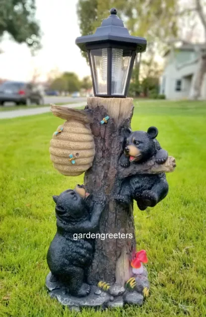 Solar Bear Cubs Beehive  Statue Bear Cubs Beehive Figurine With Solar Light