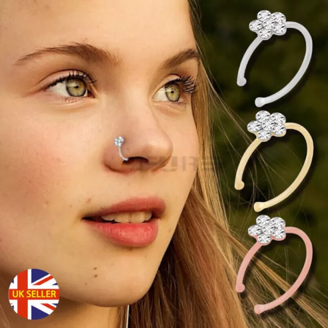 100% Solid Sterling Silver Small Thin Clear Crystal Nose Ring Stud Hoop 6-8MM