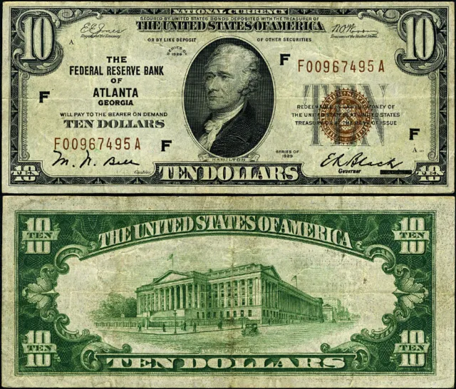 FR. 1860 F $10 1929 Federal Reserve Bank Note Atlanta F-A Block VF
