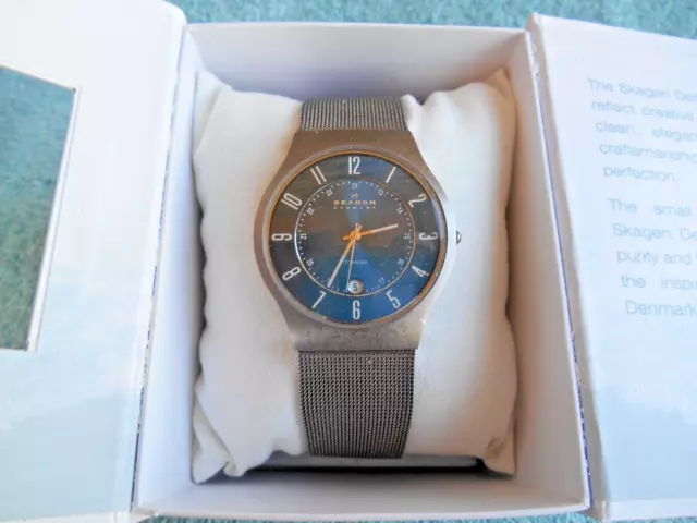 Skagen Denmark 233Xlttm Titanium Blue Dial Steel Mesh Band Men's Watch With Box!