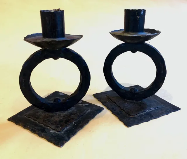 Pair Vintage Brutalist Hand Forged Hammered Iron Candle Holders - Mid Century
