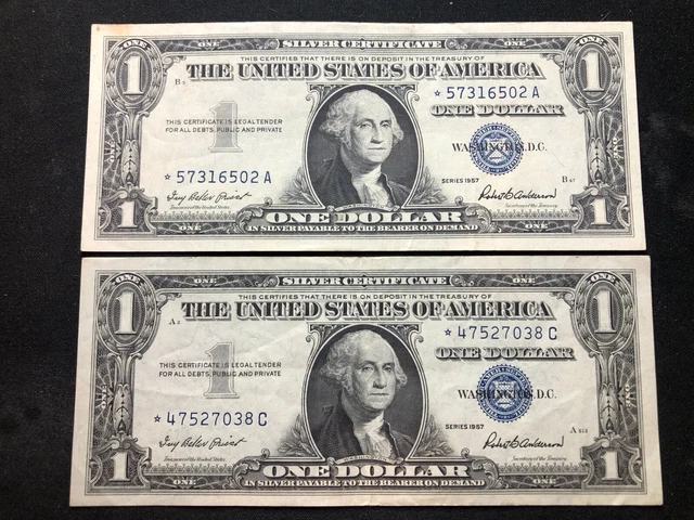LOT of 2 1957 $1 Dollar Blue Seal Silver Certificates Star Notes