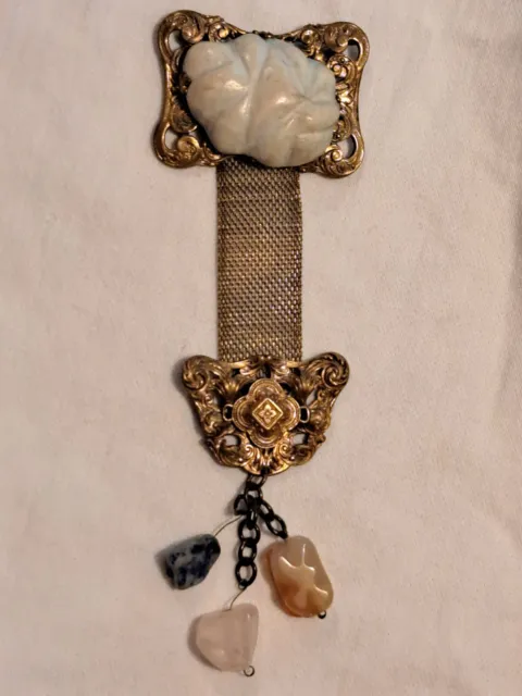 Victorian Ornate Mesh Long Fob Brooch Unique Stone Detailing Gold Tone Metal
