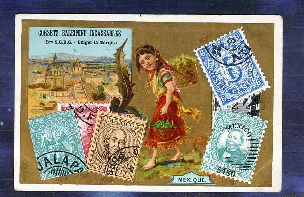 chromo Pub Corsets PHILATELIE TIMBRE Mexique SELLO MEXICO 1897 Stamp trade Card