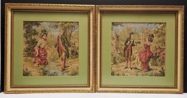 PAIR Vintage French Framed Tapestry Courting Scene