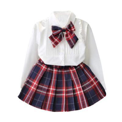 New Long Sleeve White Top Girls Outfit Plaid Skirt Bow Tartan Party Kids Clothes