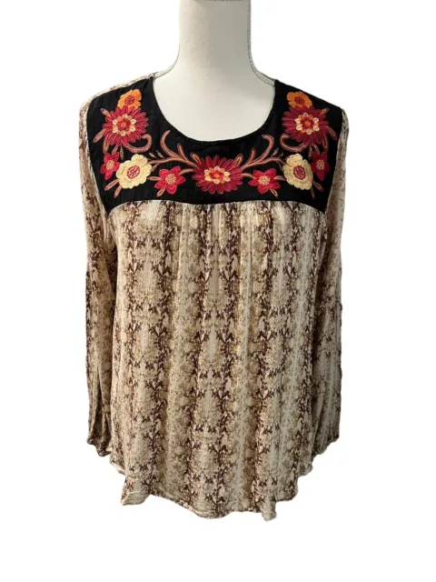 Savanna Jane Boho Floral Embroidered Gold Thread Long Sleeve Fall Blouse Size L