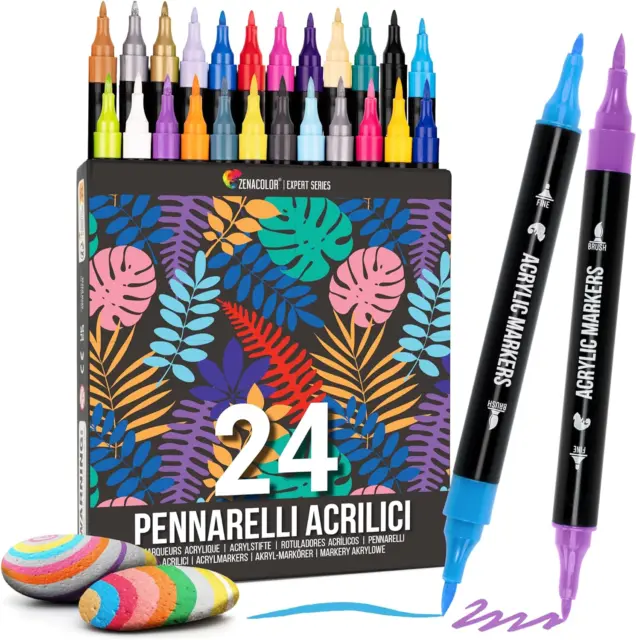 PENNARELLI ACRILICI A Doppia Punta (Fine E a Pennello) - 24 Colori  Pennarelli In EUR 20,99 - PicClick IT