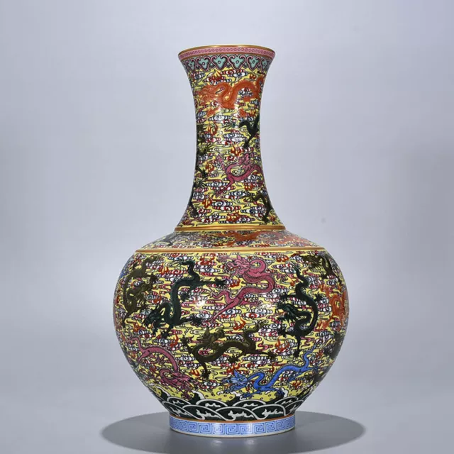 15.7" China old dynasty Porcelain qianlong mark famille rose cloud Dragon vase