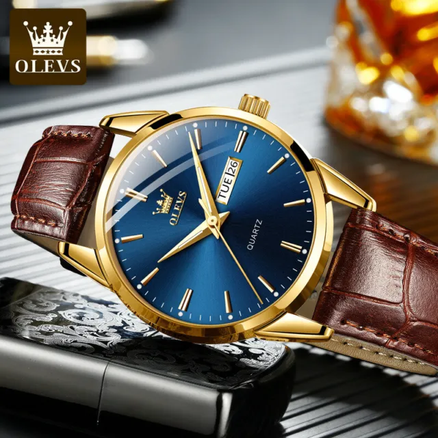 OLEVS Quartz Movement Watch Leather Watch Band Men's Wristwatch Waterproof