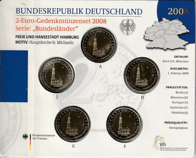 MDS DEUTSCHLAND 5 x 2 EURO 2008 STGL "ST MICHAELIS KIRCHE" ADFGJ IM BLISTER, OVP