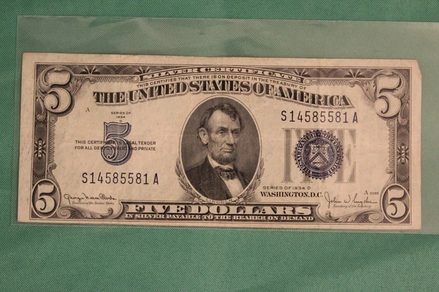 1934-D Five Dollar Silver Certificate $5 Bill Blue Seal Note Circulated