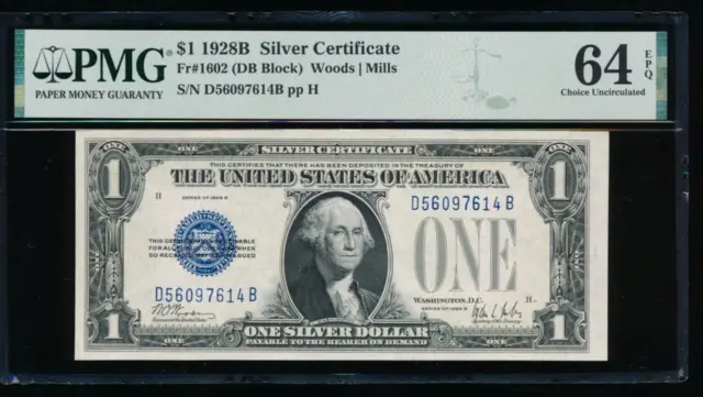 AC 1928B $1 Silver Certificate PMG 64 EPQ D-B block UNC  Fr 1602!!!