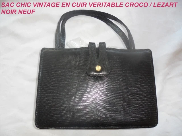 Sac En Cuir Lanvin Vintage - Imitation Croco Marron/noir - Occasion Très Bon état