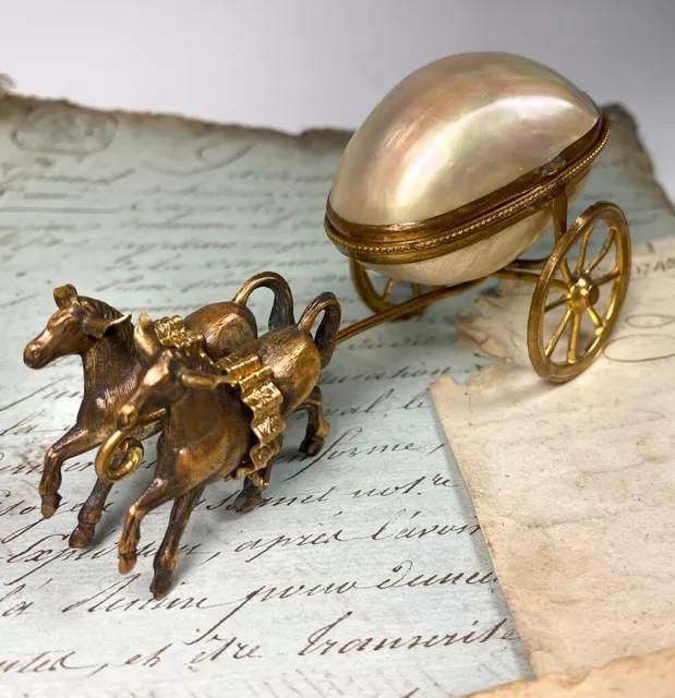 Antique French Mother of Pearl Carriage, 2 Horse, Palais Royal Trinket, Thimble