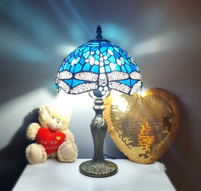 Tiffany Style Table Lamp Sea Blue Stained Glass Dragonfly Accent Lamp 18" Tall