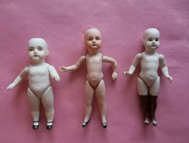 Antique German French Bisque Mignonette Dollhouse 5" Reproduction Dolls Lot of 3